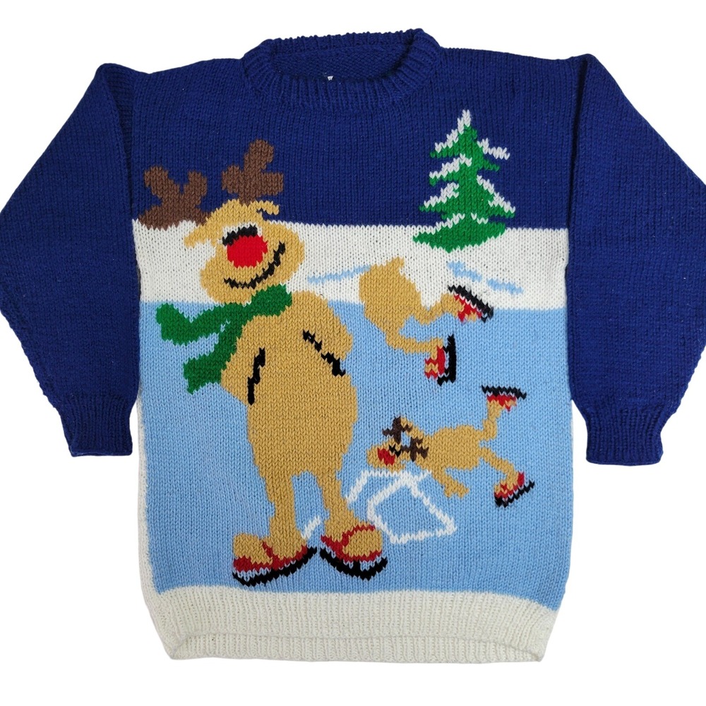 Vintage Handmade Wrecked Reindeer Ugly‎ Christmas Sweater Blue White Large